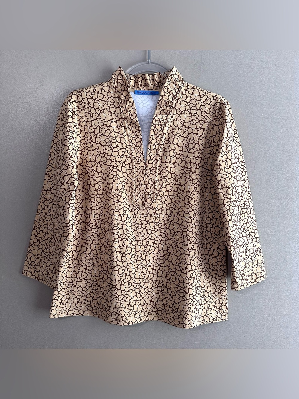 J. McLaughlin Catalina Cloth Kate Ruffle Top Womens Large Celandine Brown Tan